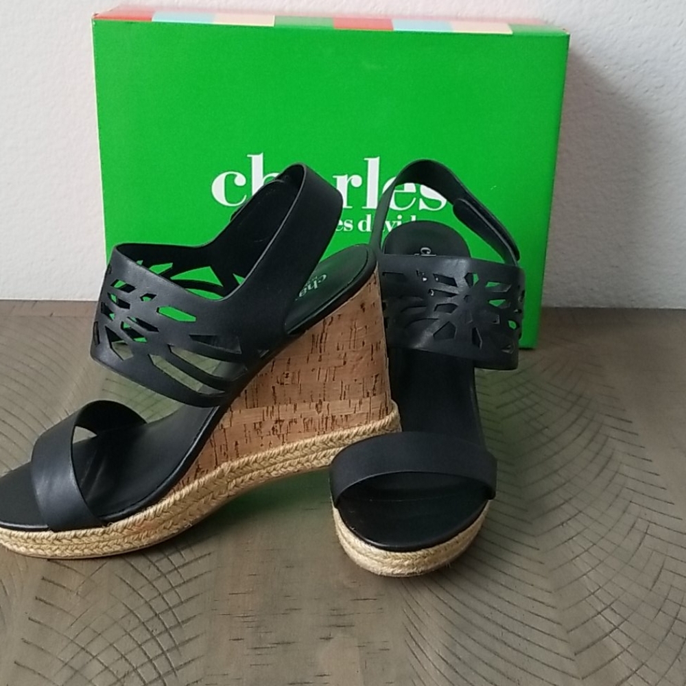 Black leather crochet cut out cork wedge